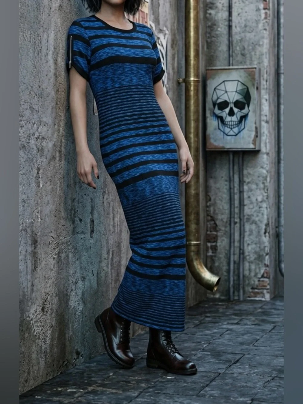 Michael Kors Blue Black Striped Space Dye Knit Maxi Dress M Zipper Sleeve